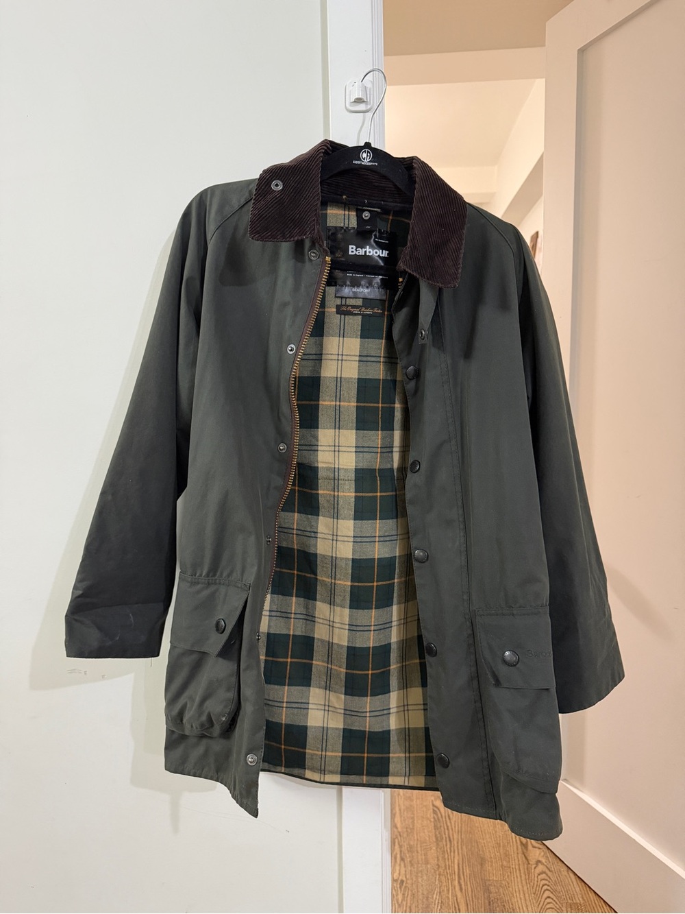 Barbour Beaufort Dark Olive Waxed Cotton Jacket size 36 with zip in fleece vest